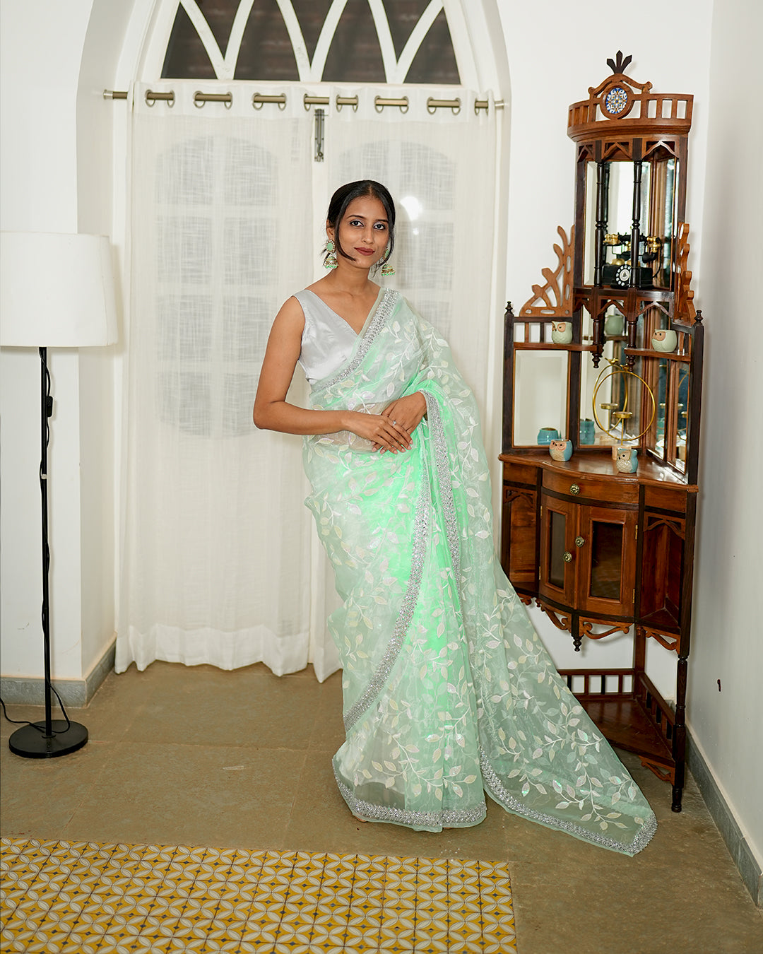 Sea Green Mirror cut organza saree