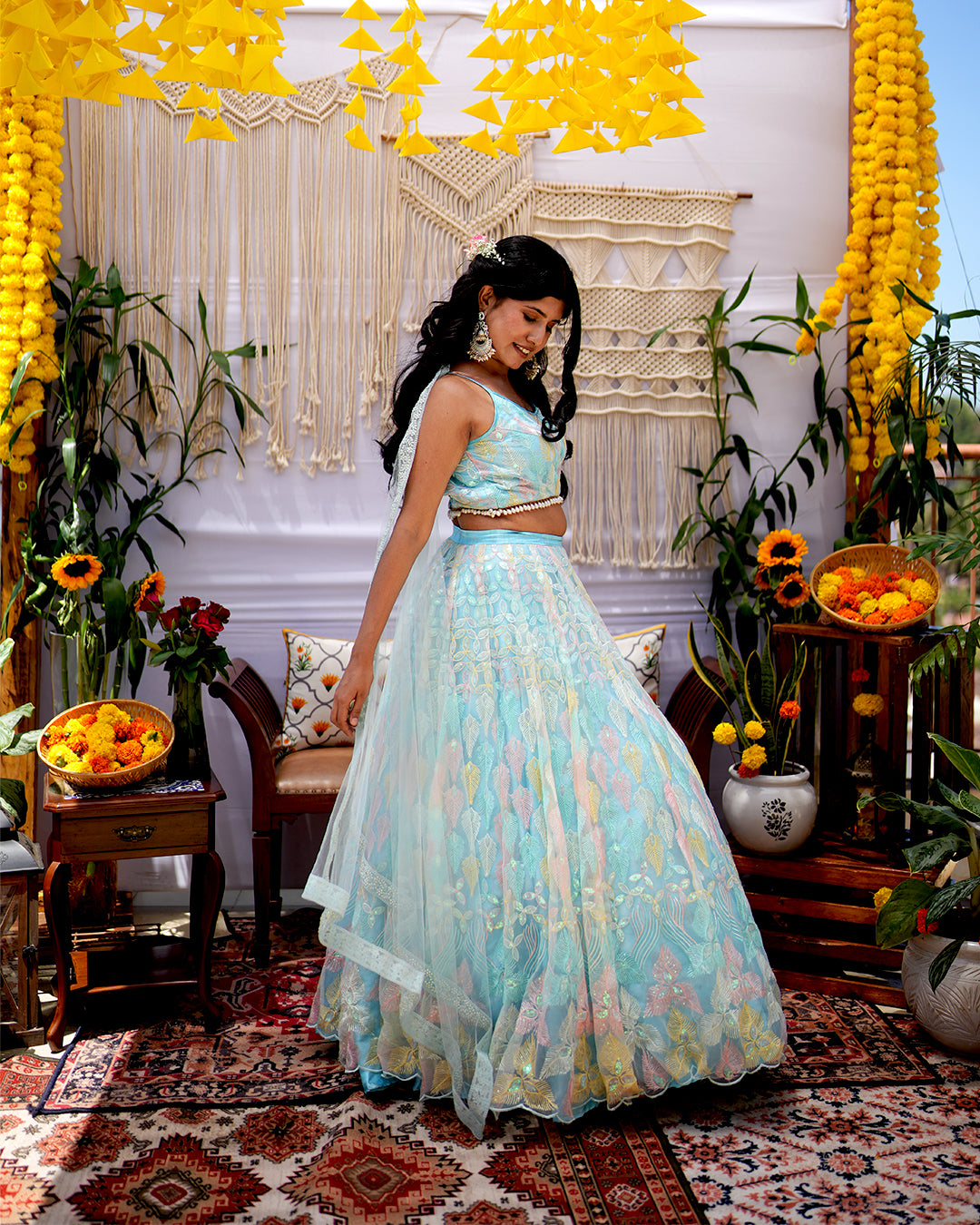 Cyan Tissue Net Lehenga with Thread work