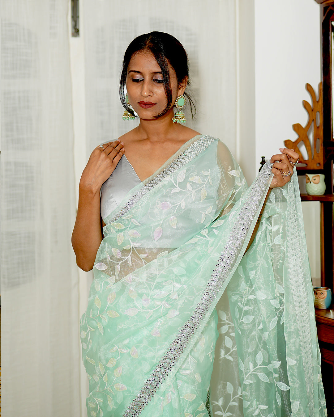 Sea Green Mirror cut organza saree