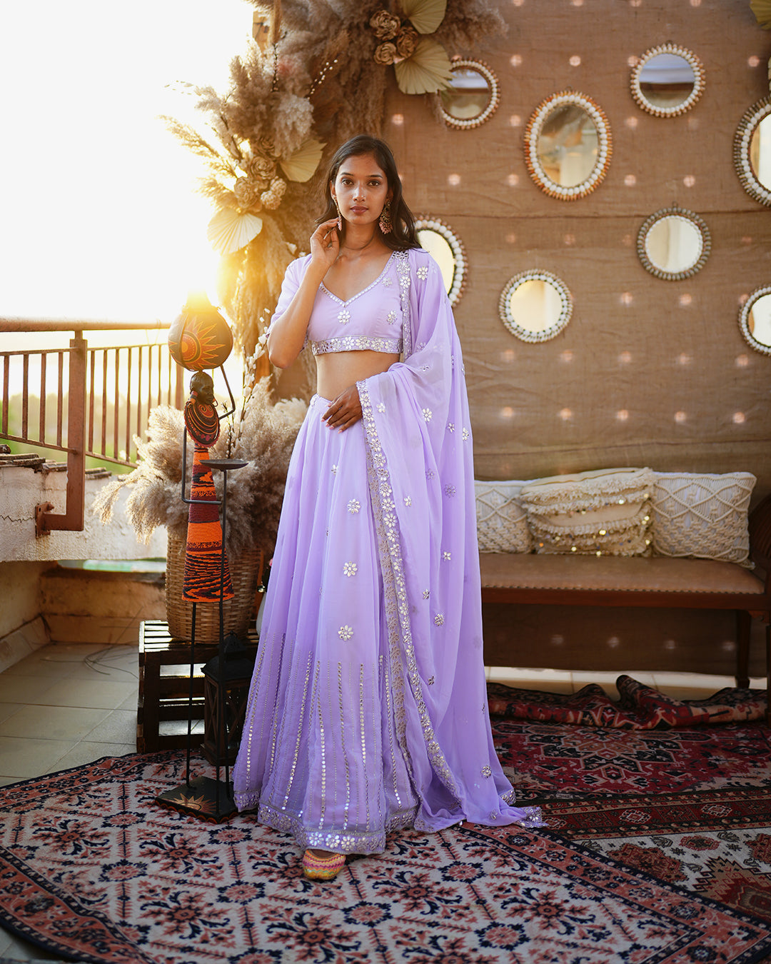 Lavender  Illusion Mirror cut work Lehenga