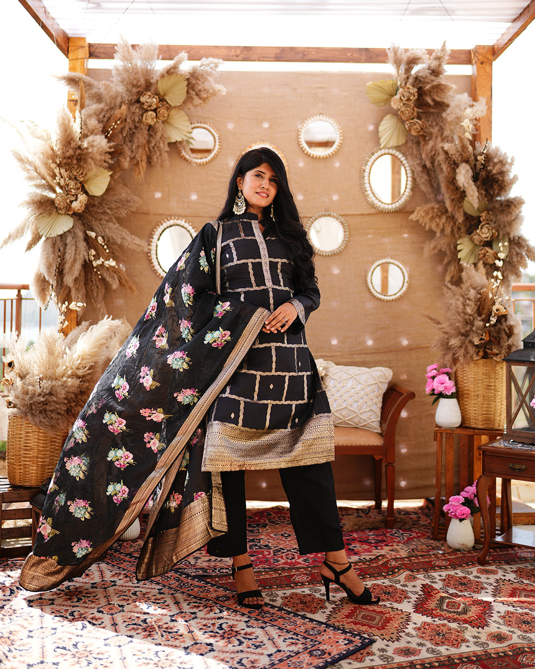 Metal black pure cotton silk weaving  salwar kameez set