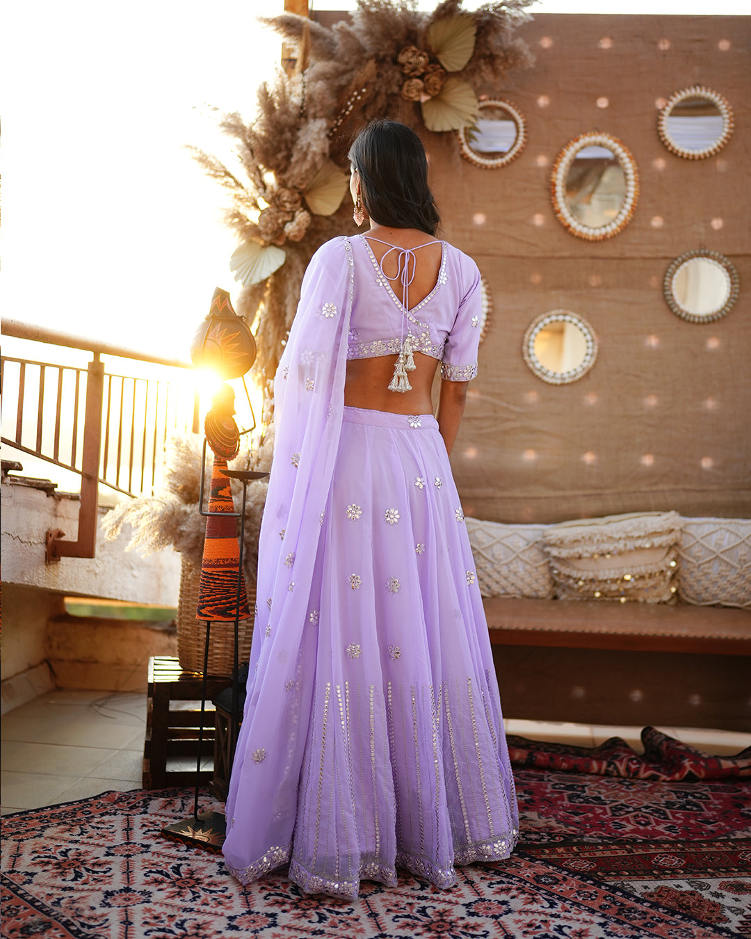 Lavender  Illusion Mirror cut work Lehenga