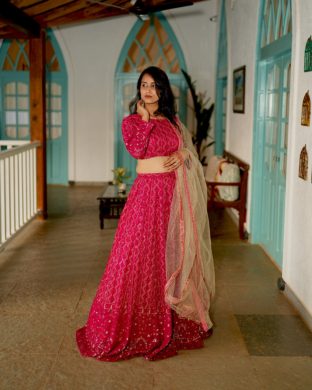 Deep pink  Heavy embroidered lehenga set