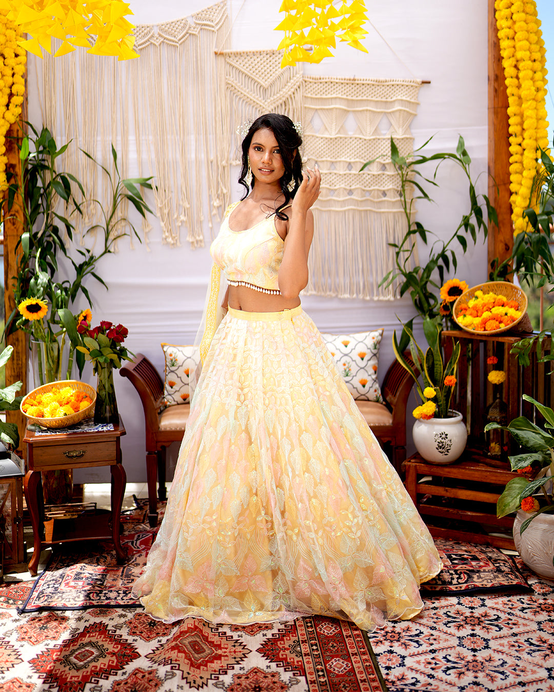 Lime yellow Tissue Net Lehenga