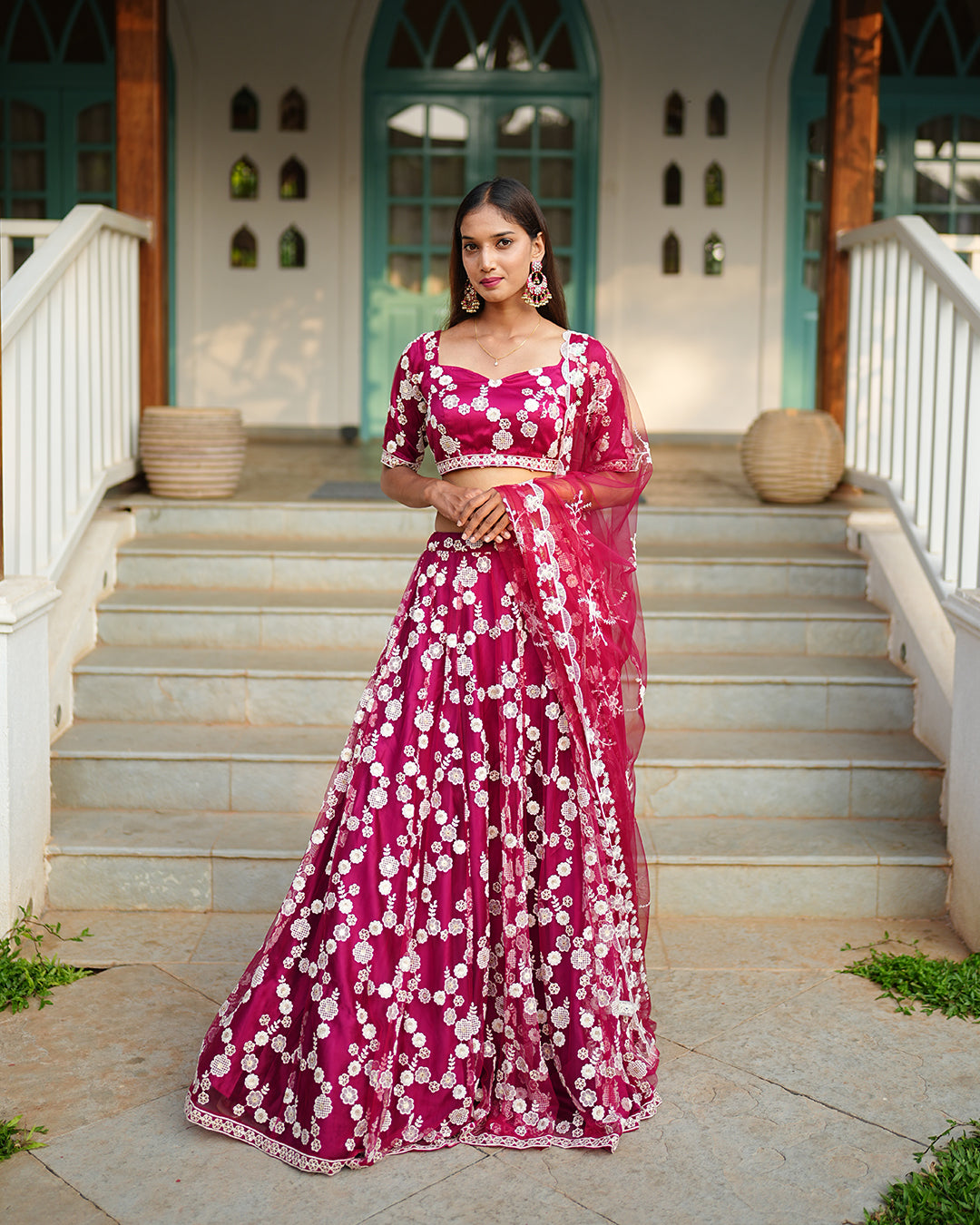 Magenta pink flower embroidered