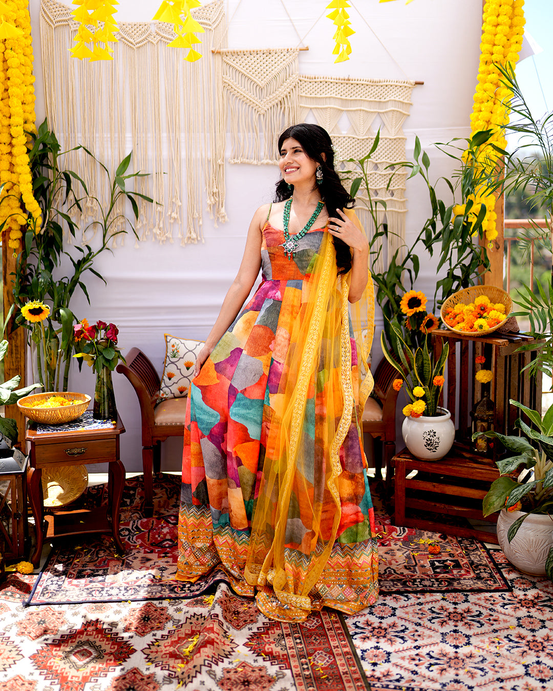 Multicolour abstract printed silk woven cotton anarkali set