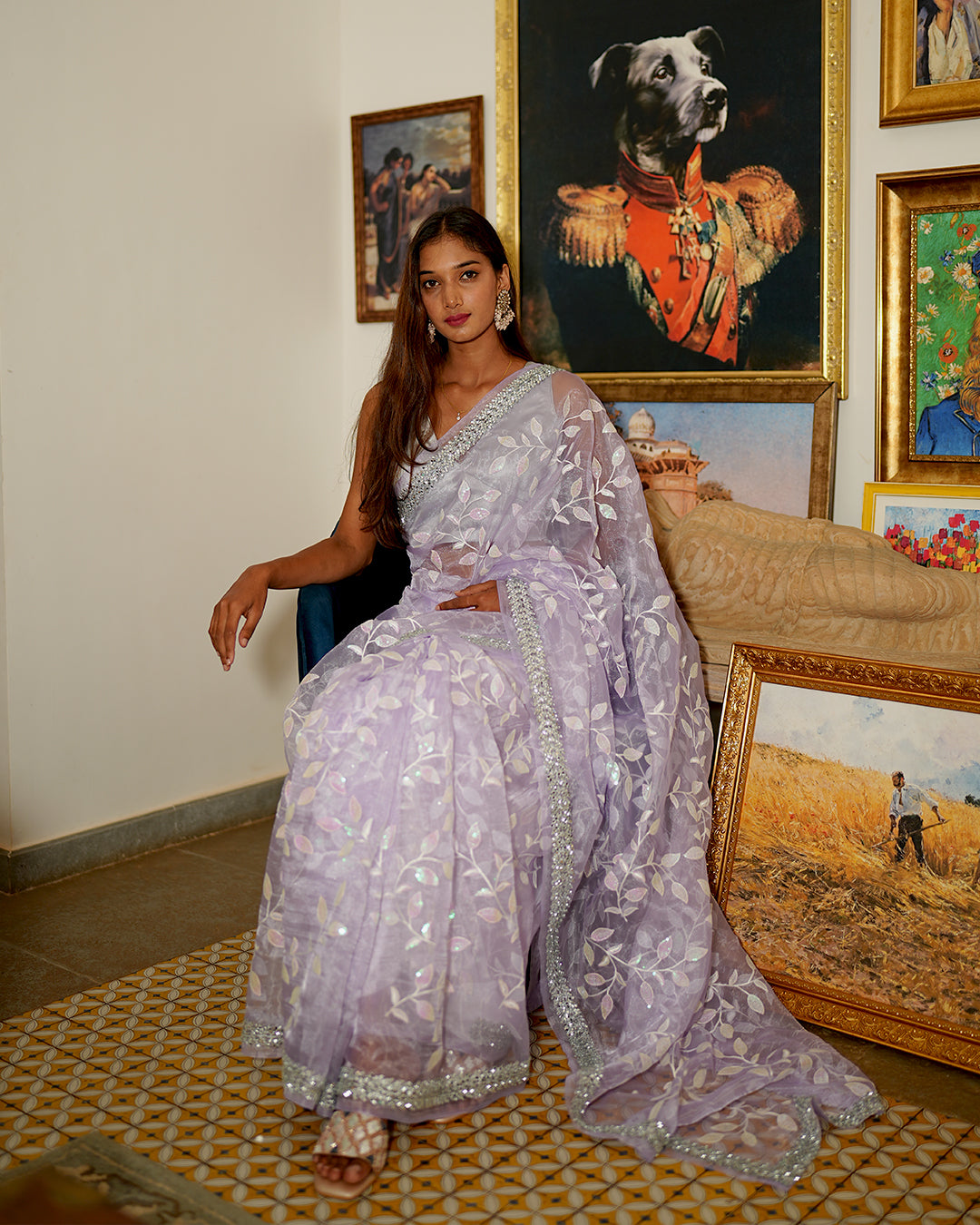 Lavender mirror cut organza saree