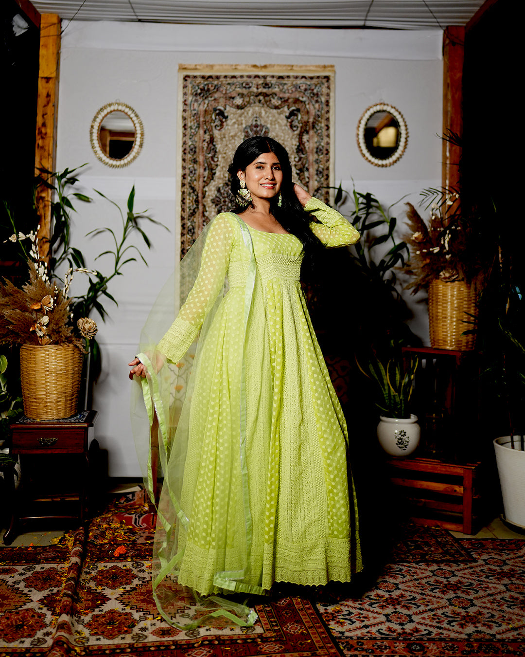 GREEN  GEORGETTE CHIKANKARI ANARKALI