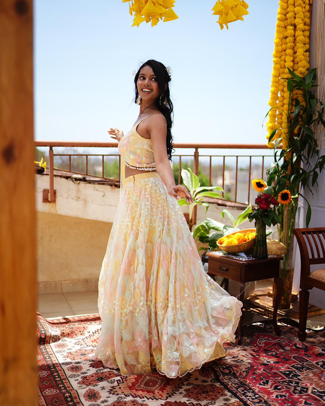 Lime yellow Tissue Net Lehenga