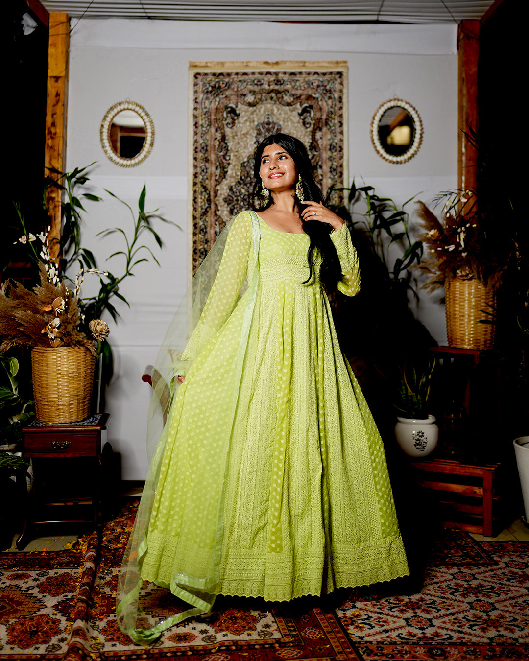 GREEN  GEORGETTE CHIKANKARI ANARKALI