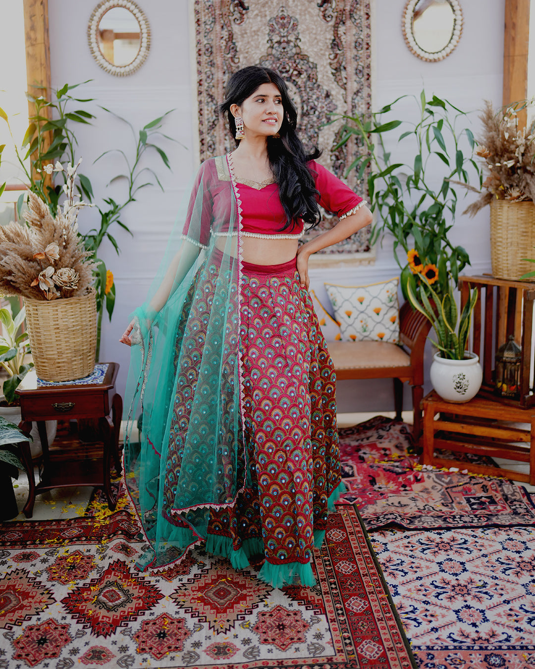 Maroon peacock lehenga set