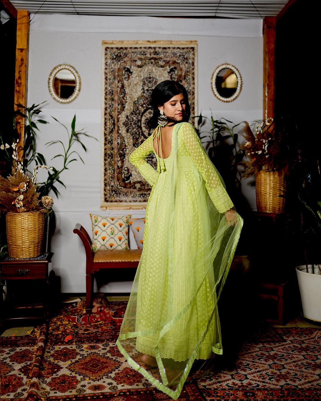 GREEN  GEORGETTE CHIKANKARI ANARKALI