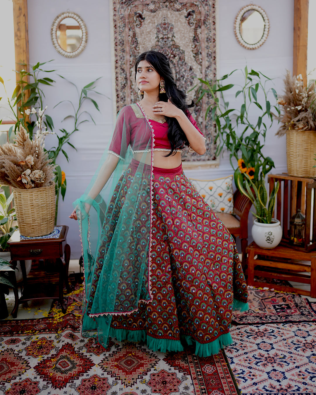 Maroon peacock lehenga set