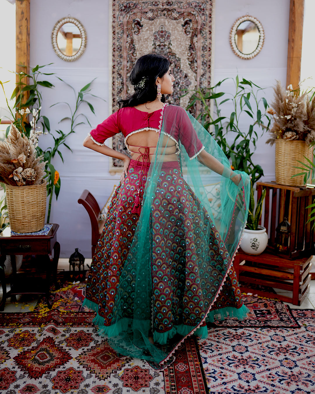 Maroon peacock lehenga set