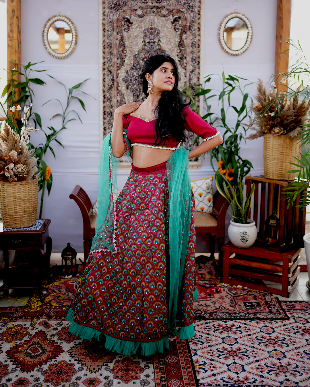 Maroon peacock lehenga set