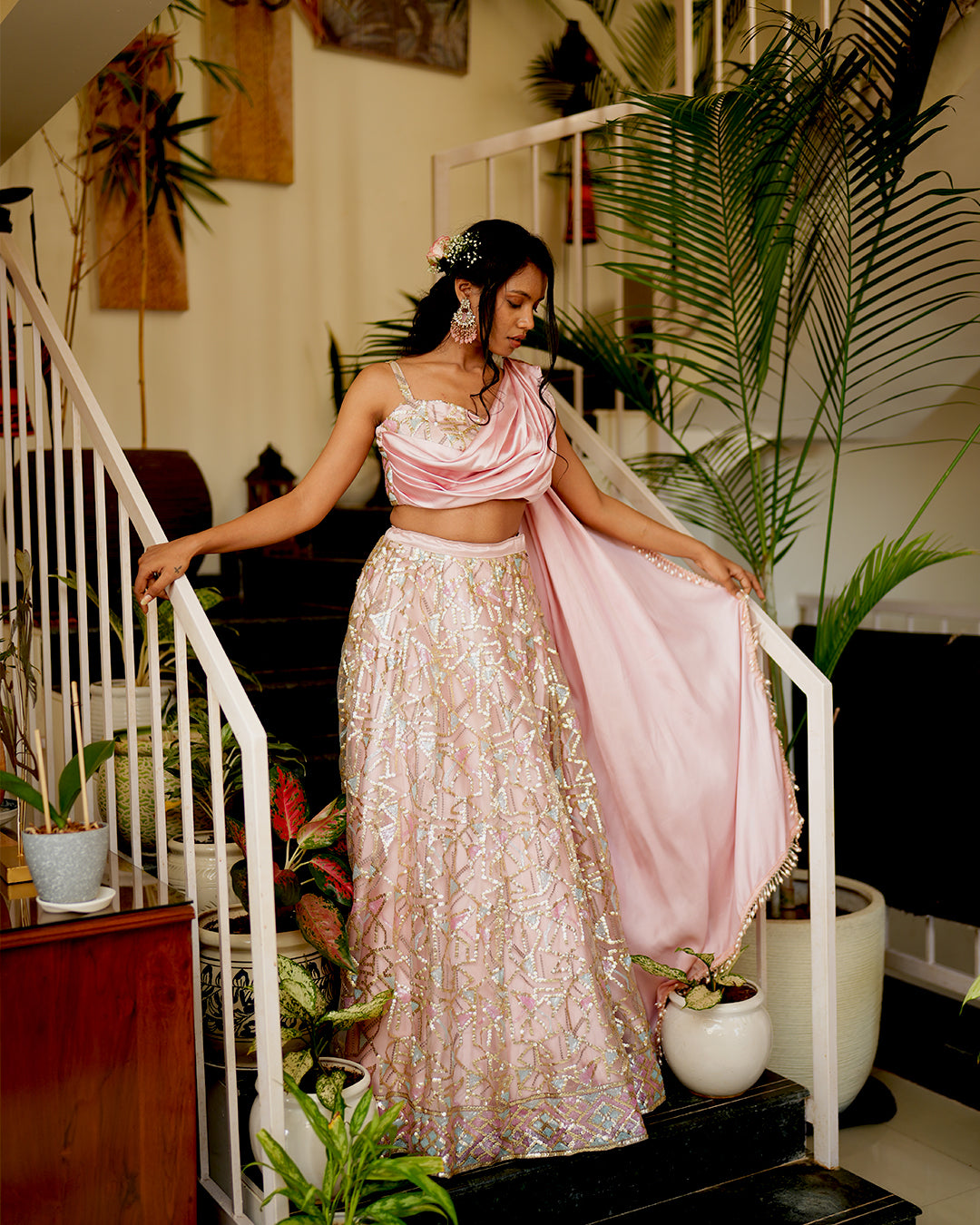 Metallic Pink Multi Color Sequence work lehenga