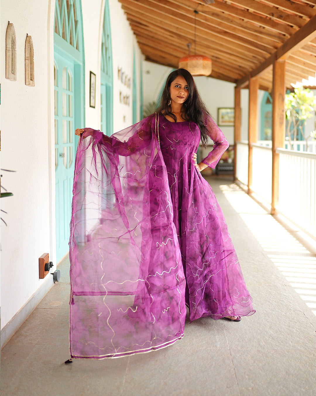 Midnight purple organza anarkali