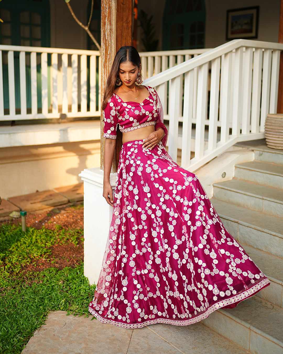 Magenta pink flower embroidered