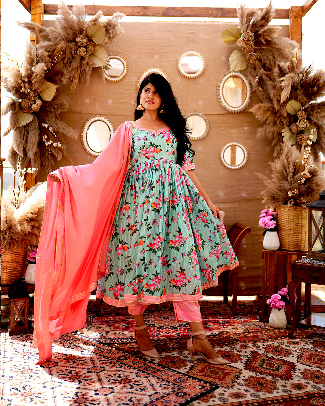 Turquoise green chanderi cotton anarkali set