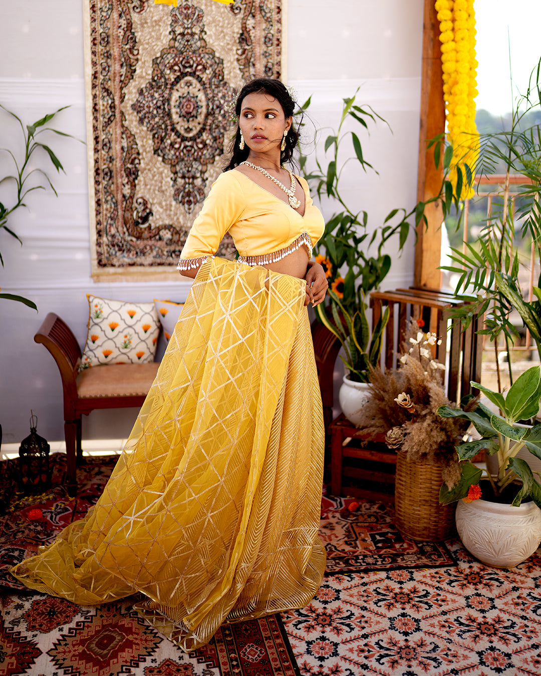 Mustard yellow premium net material Gota work lehenga