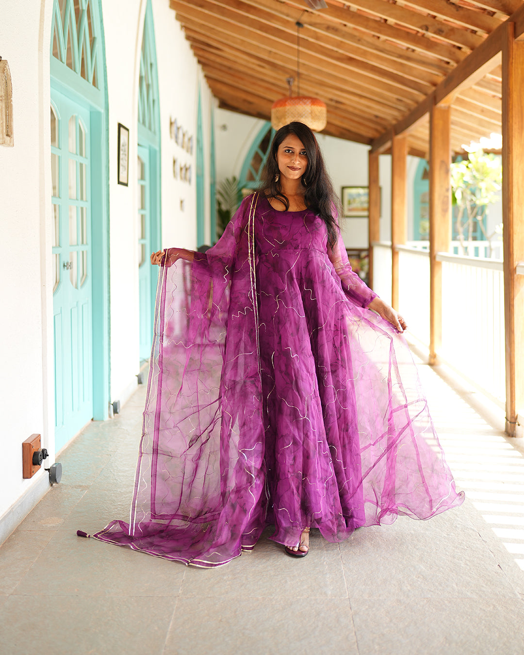 Midnight purple organza anarkali