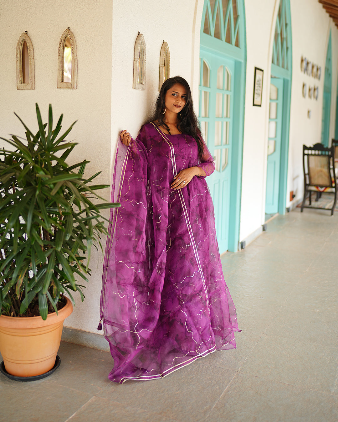 Midnight purple organza anarkali