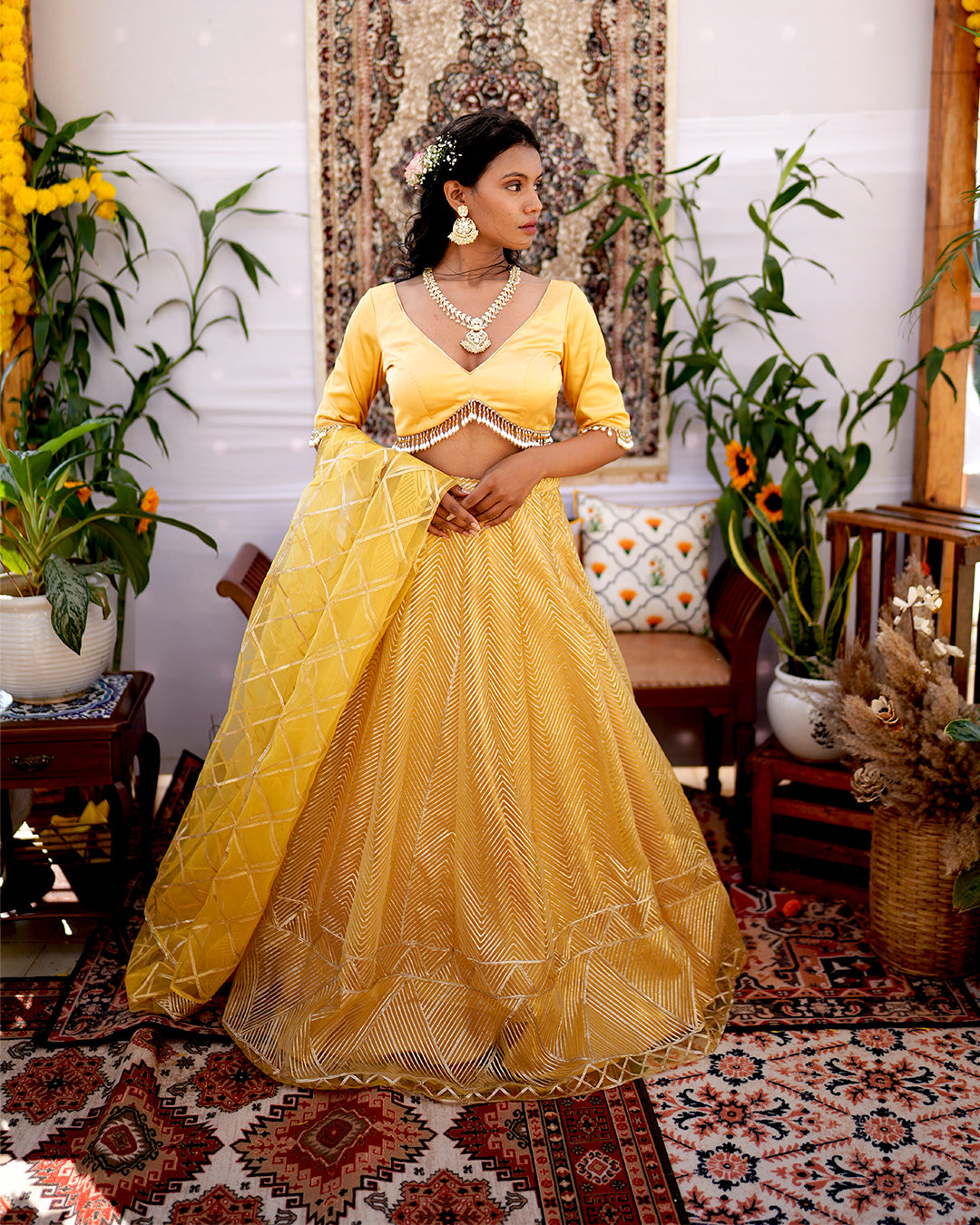 Mustard yellow premium net material Gota work lehenga