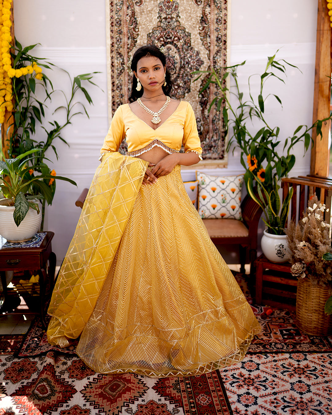 Mustard yellow premium net material Gota work lehenga