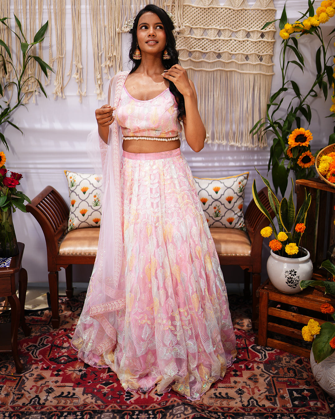 Powder Pink Tissue Net Lehenga with Thread work