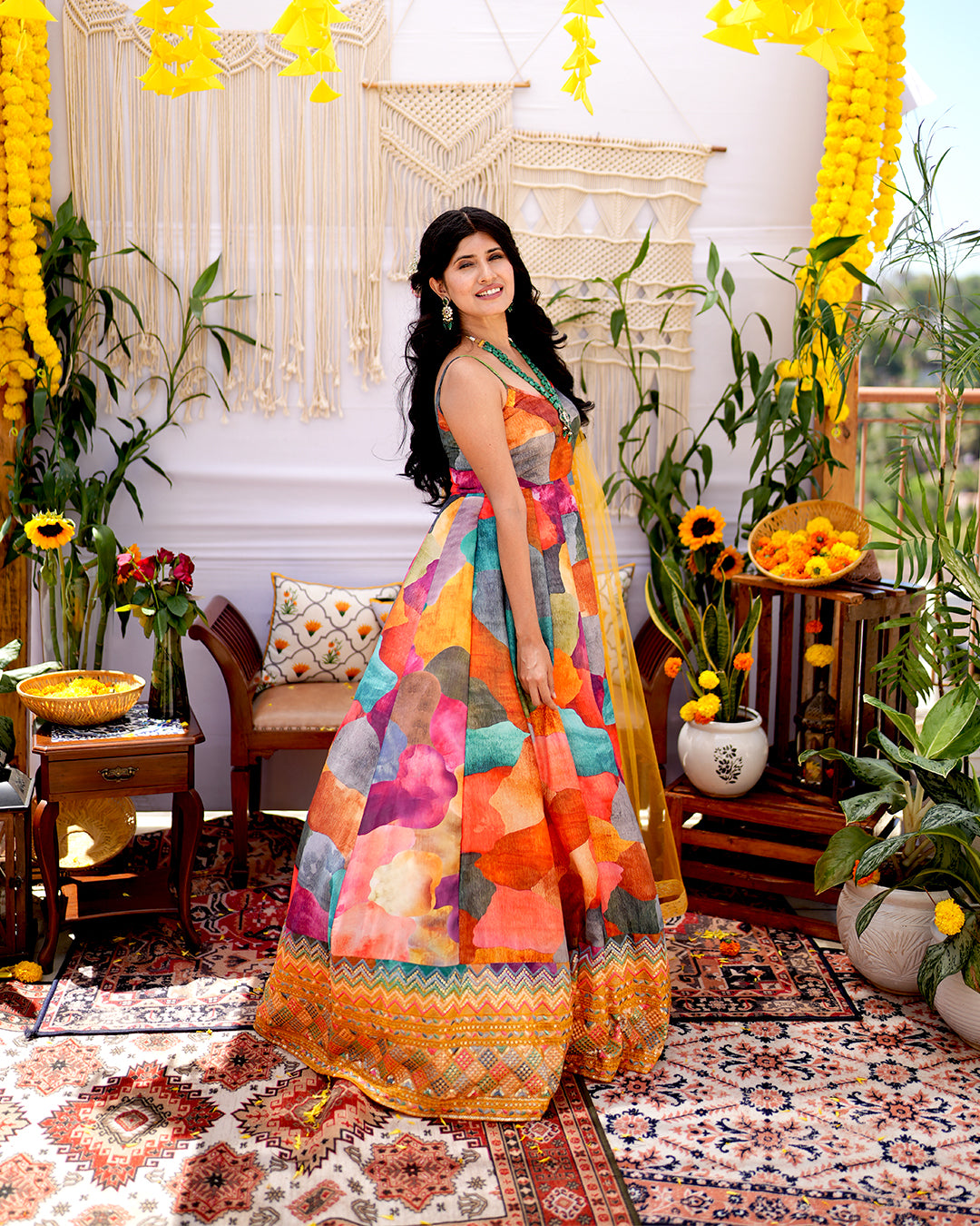 Multicolour abstract printed silk woven cotton anarkali set