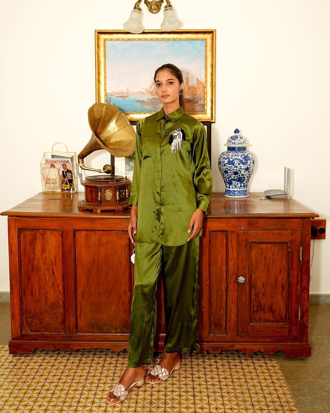 Olive green japan silk satin co-ord set