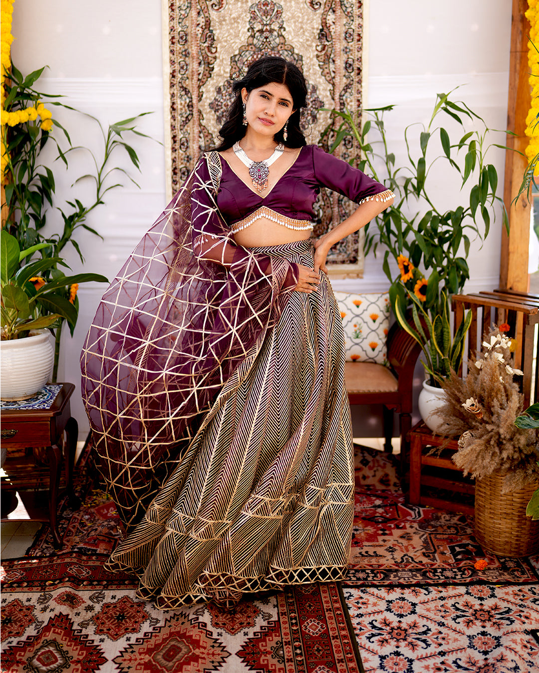 Wine premium net material Golden Gota work lehenga