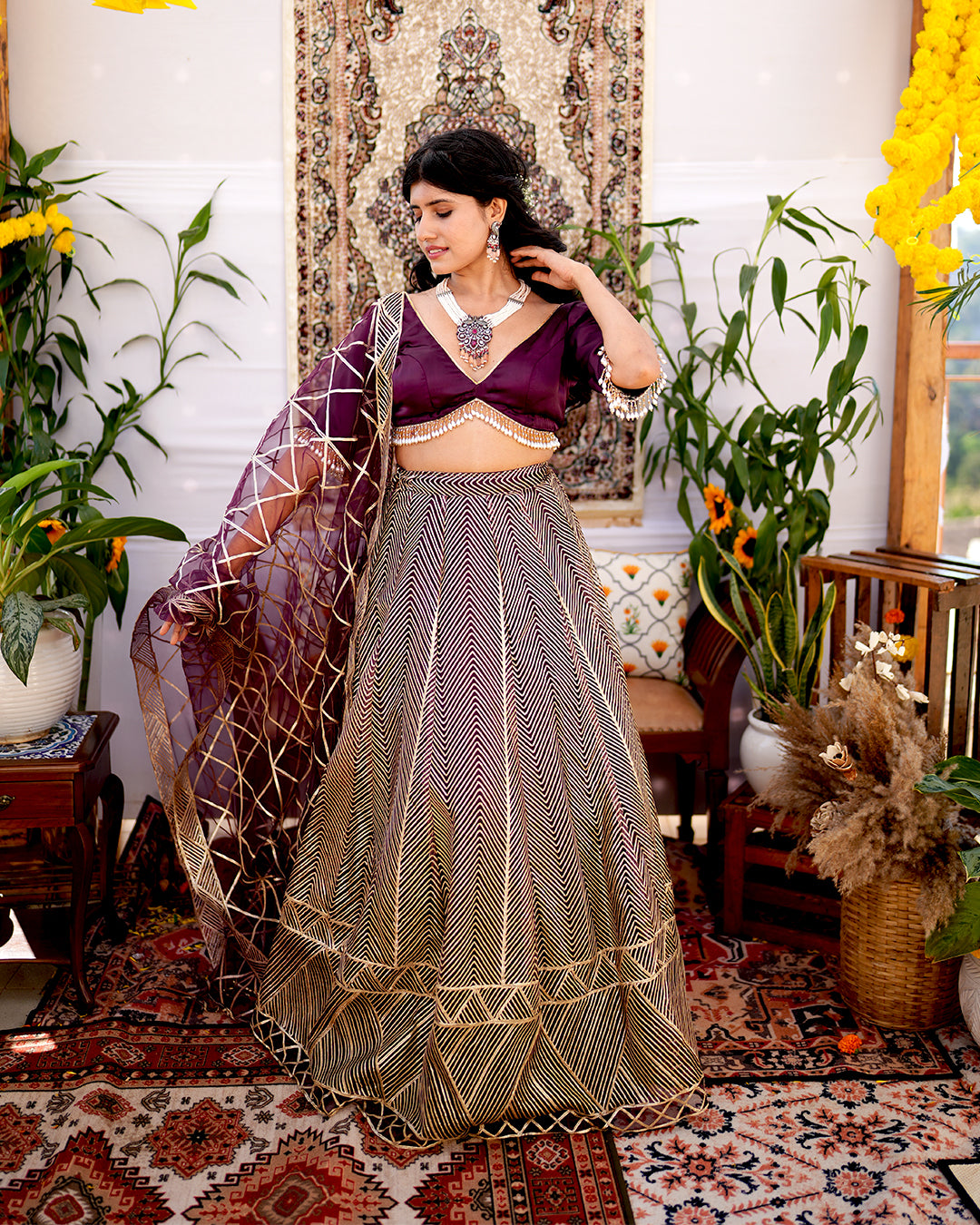 Wine premium net material Golden Gota work lehenga