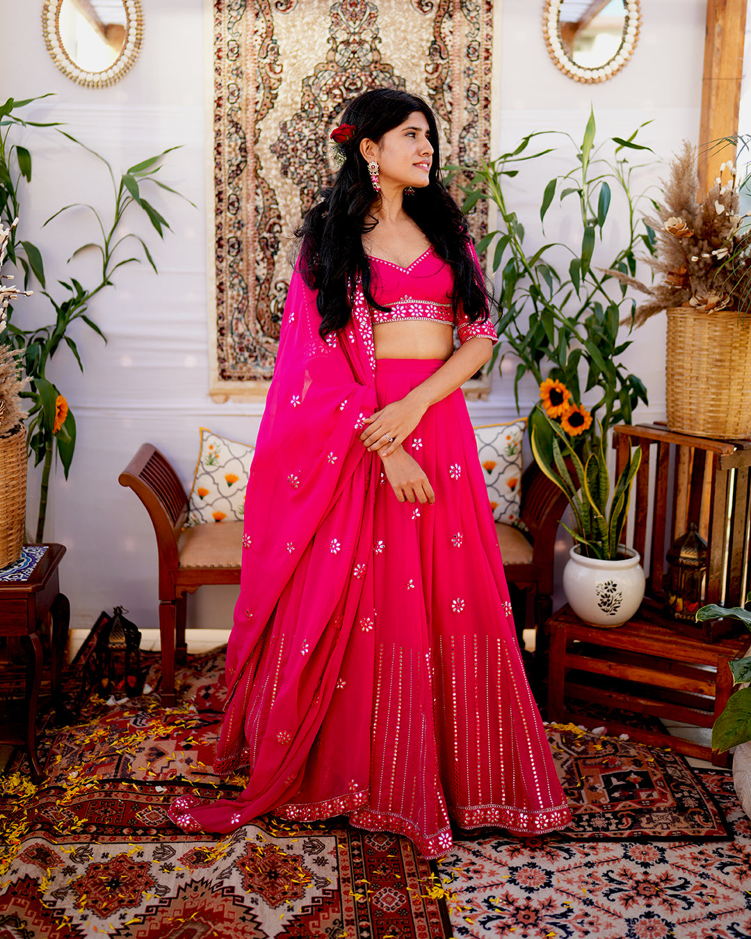 Rani Pink Illusion Mirror cut work Lehenga