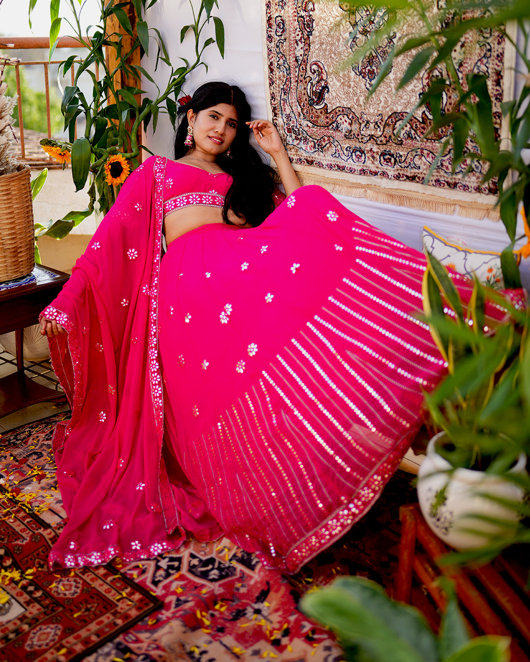 Rani Pink Illusion Mirror cut work Lehenga