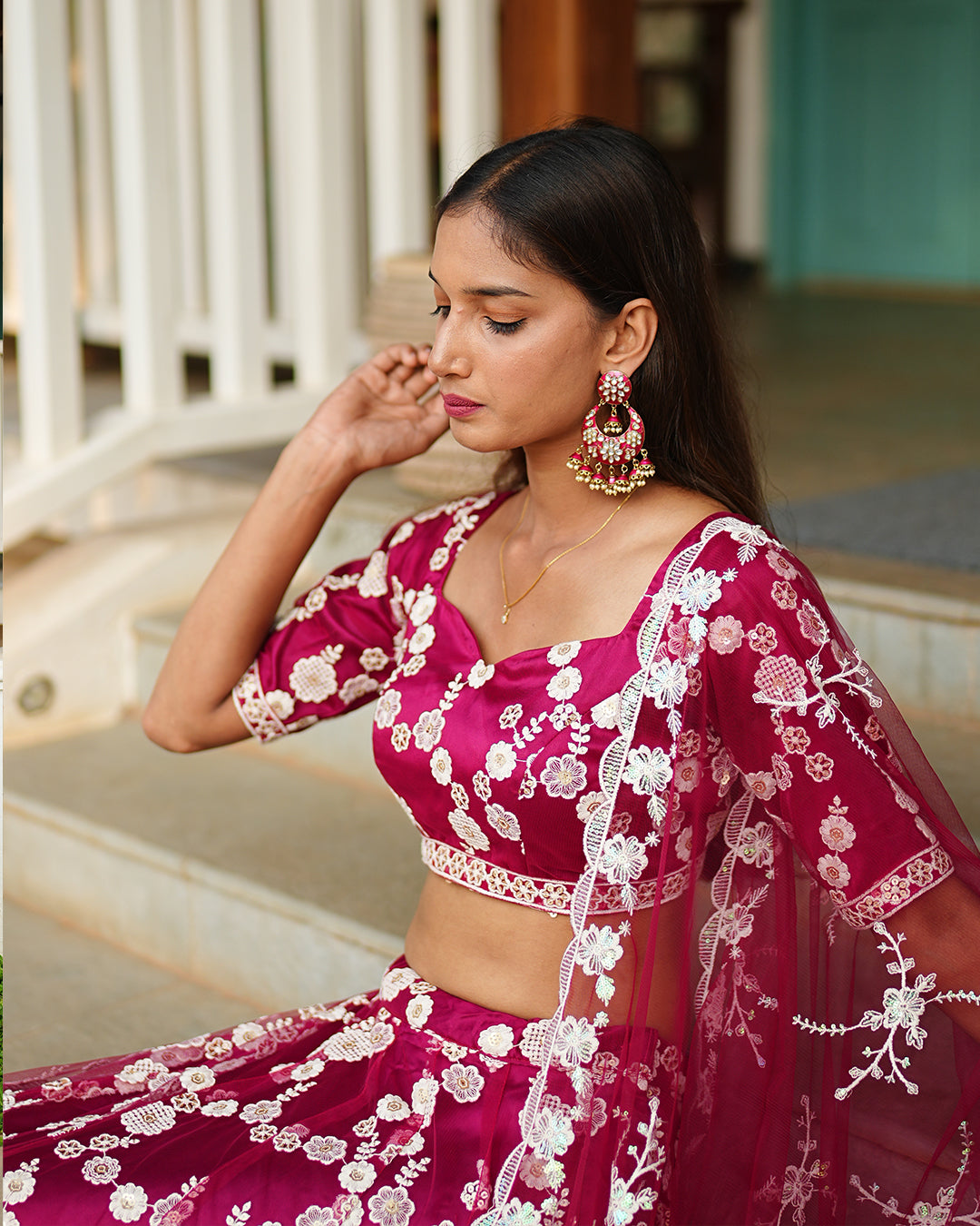 Magenta pink flower embroidered