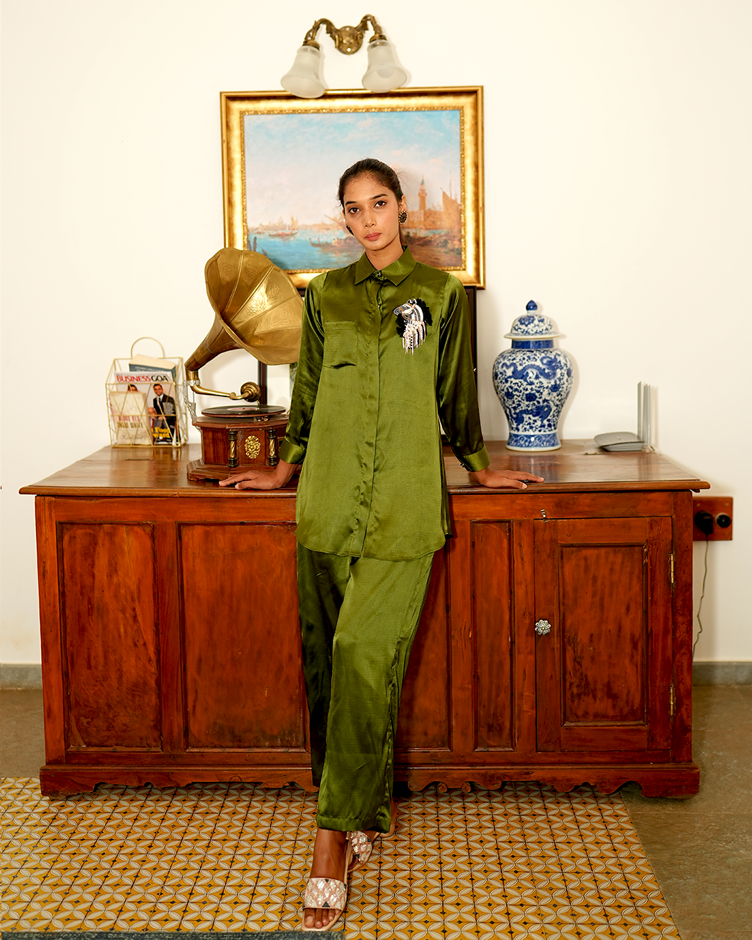 Olive green japan silk satin co-ord set