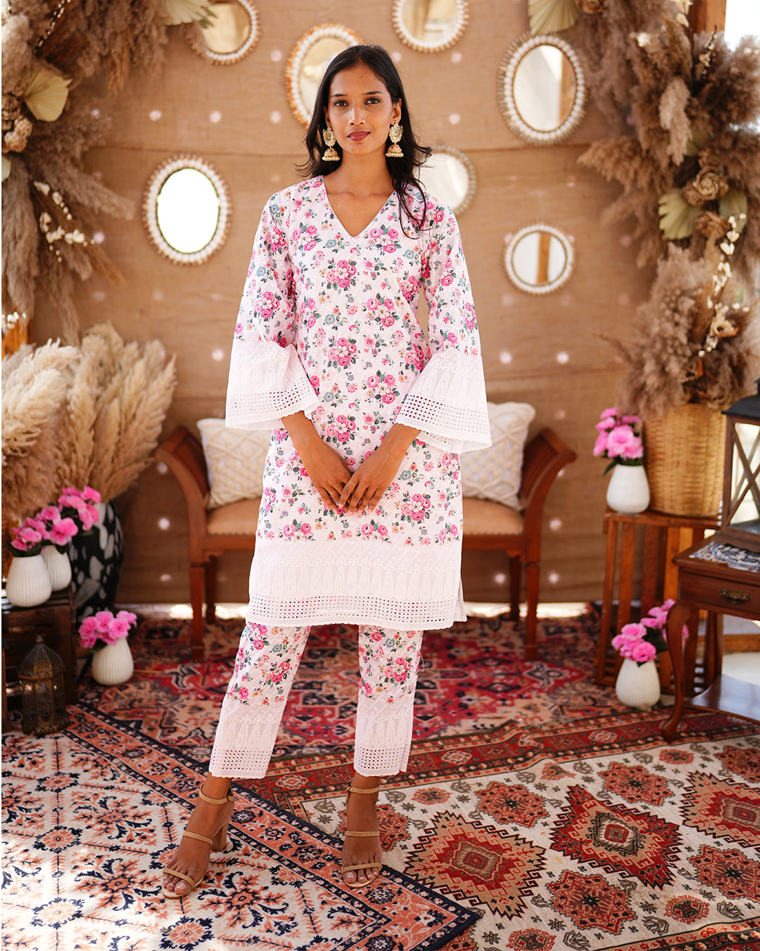 Powder Pink Cotton  Sequence Thread work salwar suit