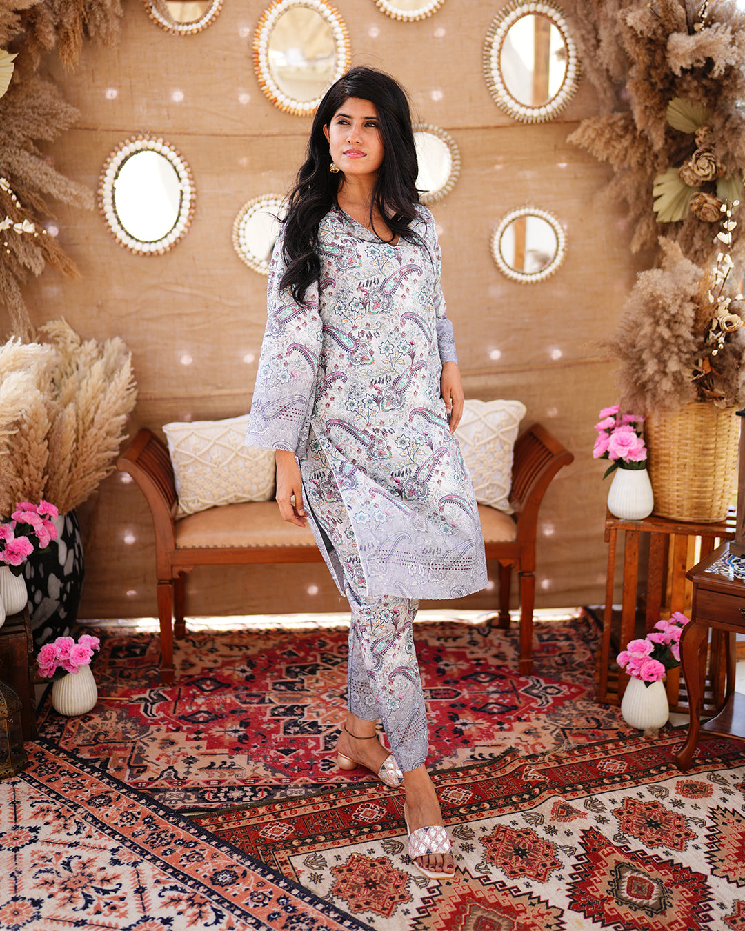 Ash Grey Cotton salwar suit with Bell sleeves