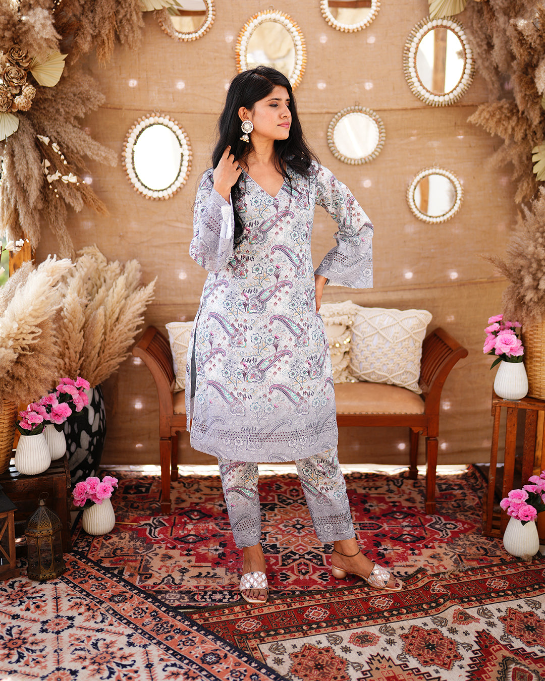 Ash Grey Cotton salwar suit with Bell sleeves