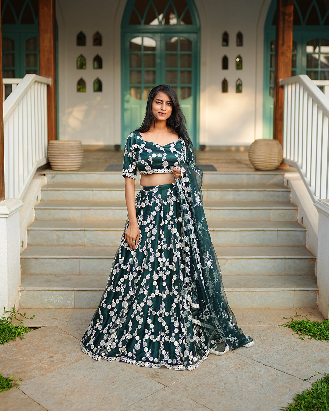 Dark Emerald green  flower embroidered