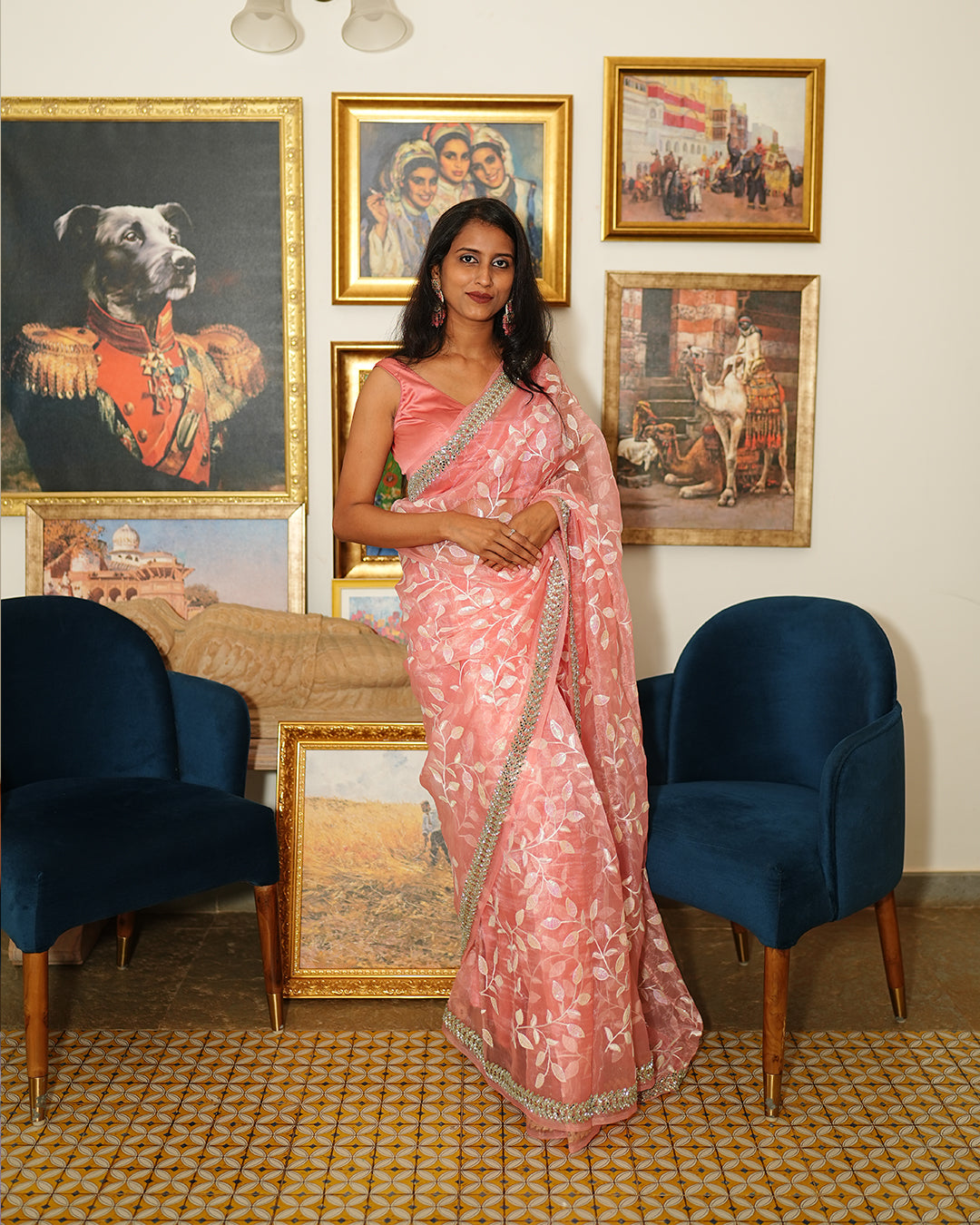 Coral pink organza mirror Cut saree