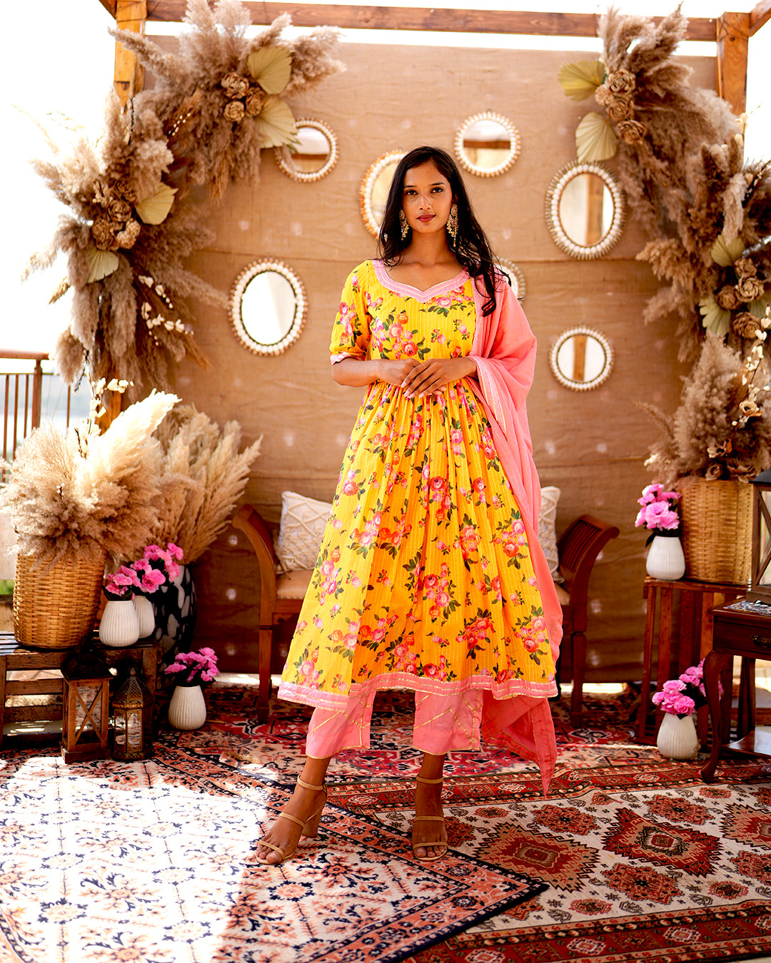 Yellow chanderi cotton anarkali set