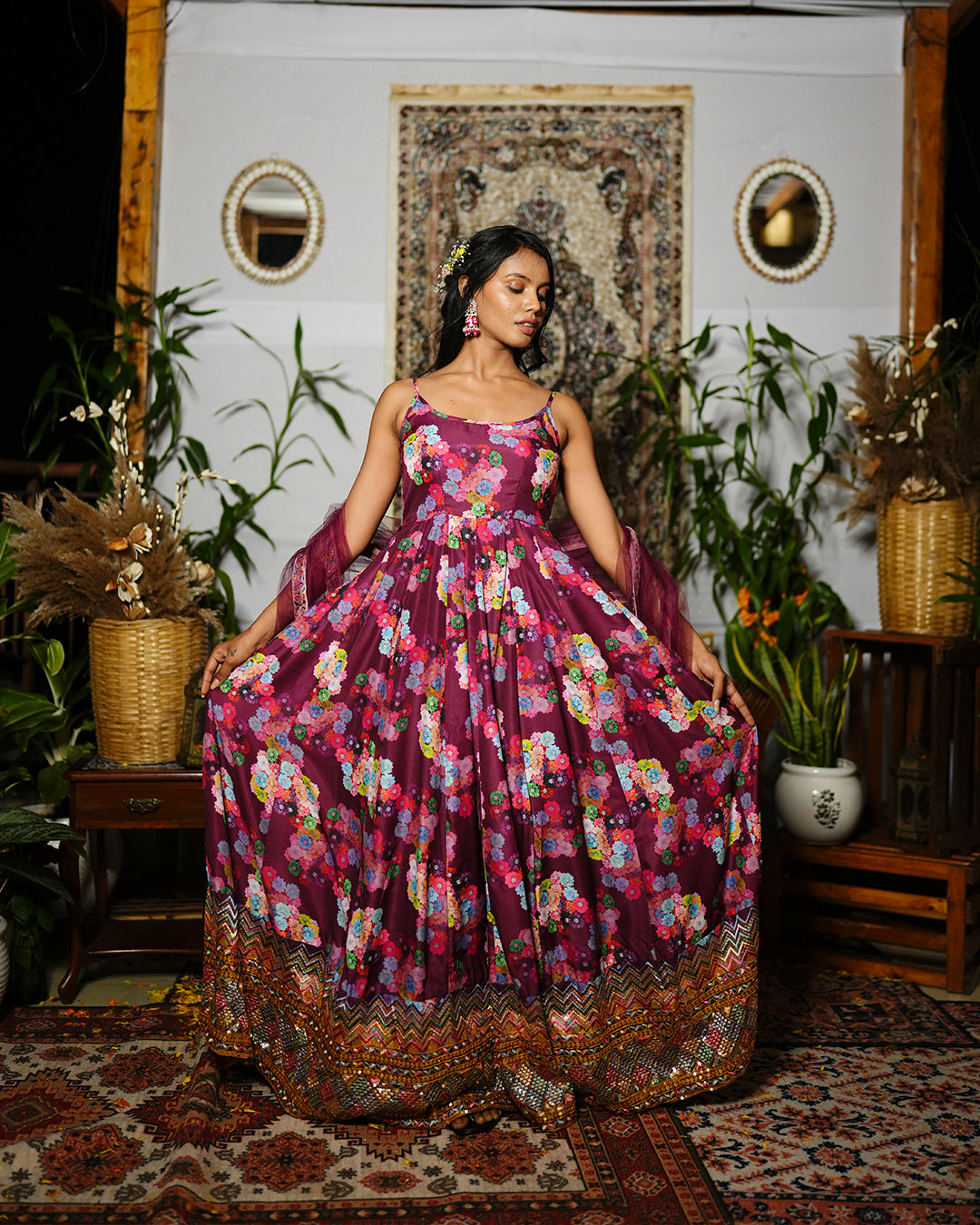 Wine abstract printed silk woven cotton anarkali set