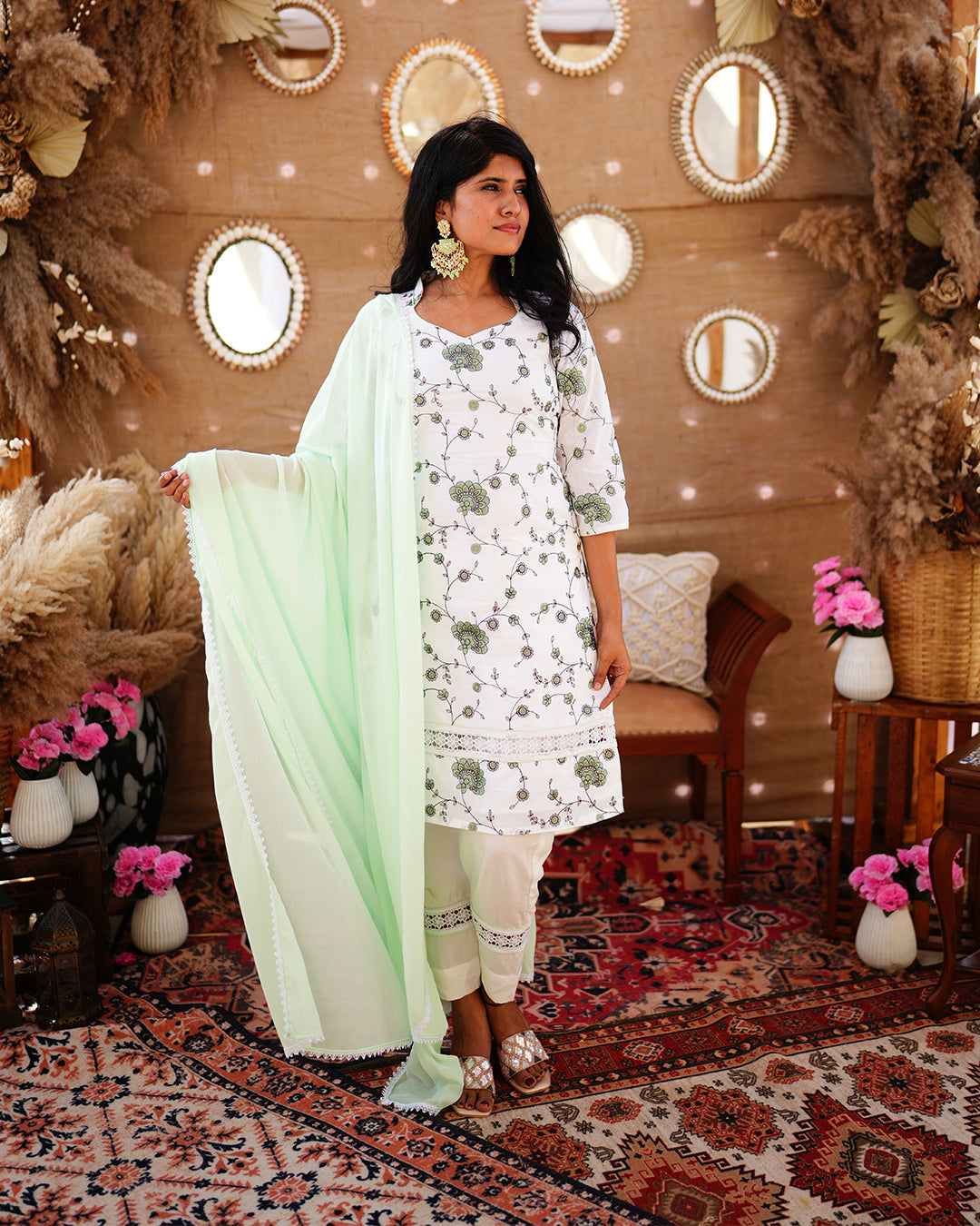 White Pure Cotton Salwar suit with Thread work