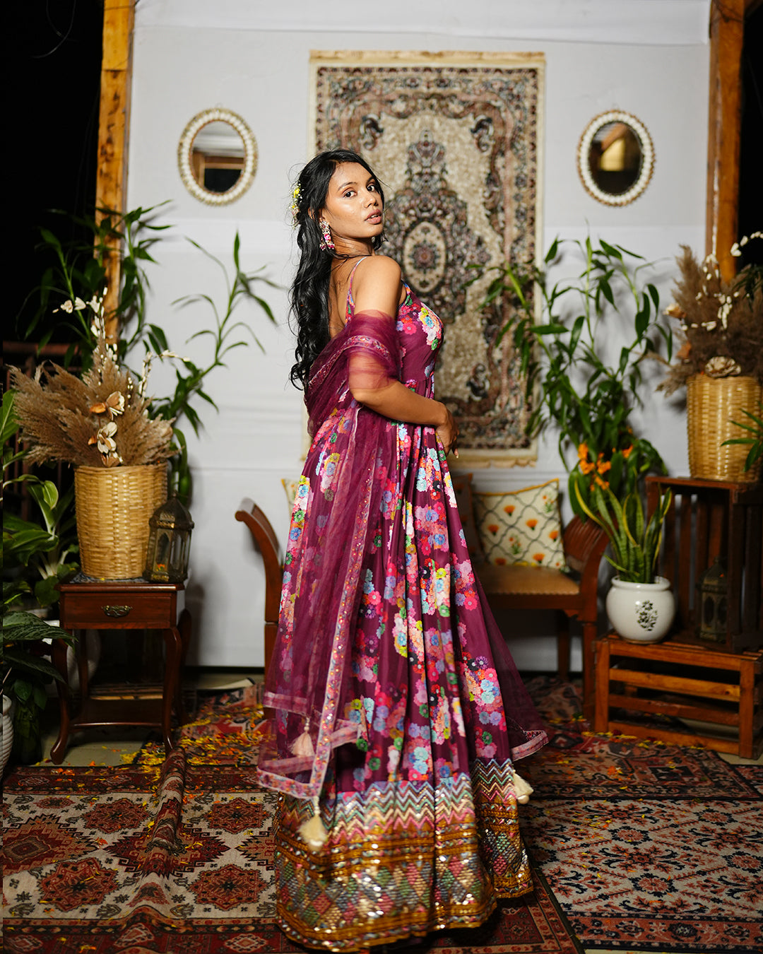 Wine abstract printed silk woven cotton anarkali set