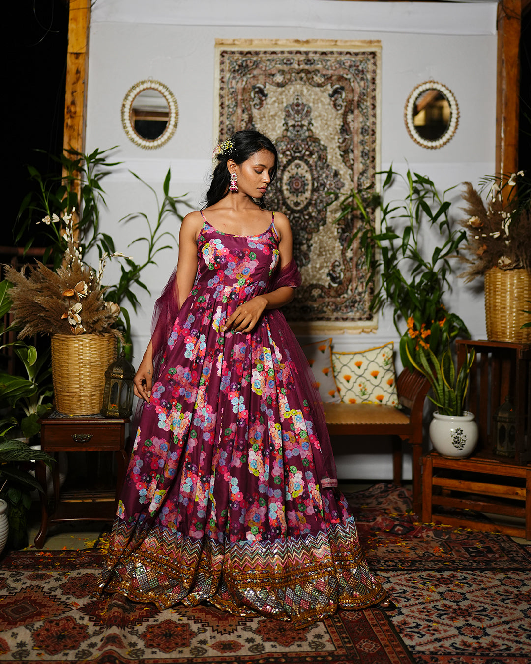 Wine abstract printed silk woven cotton anarkali set