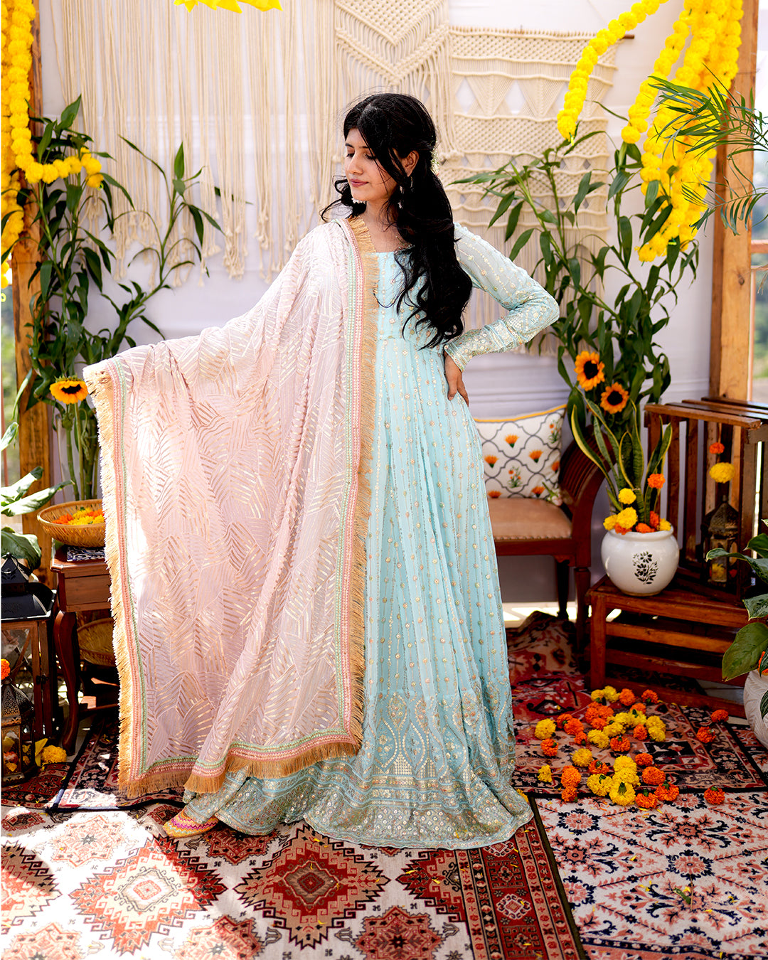 Canal blue Viscose blooming georgette Anarkali