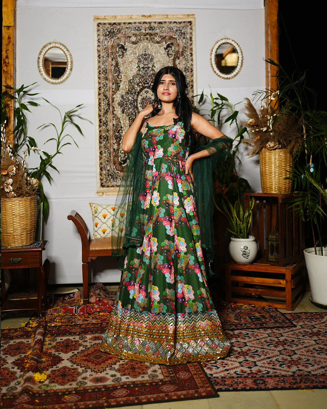 Dark green abstract printed silk woven cotton anarkali set