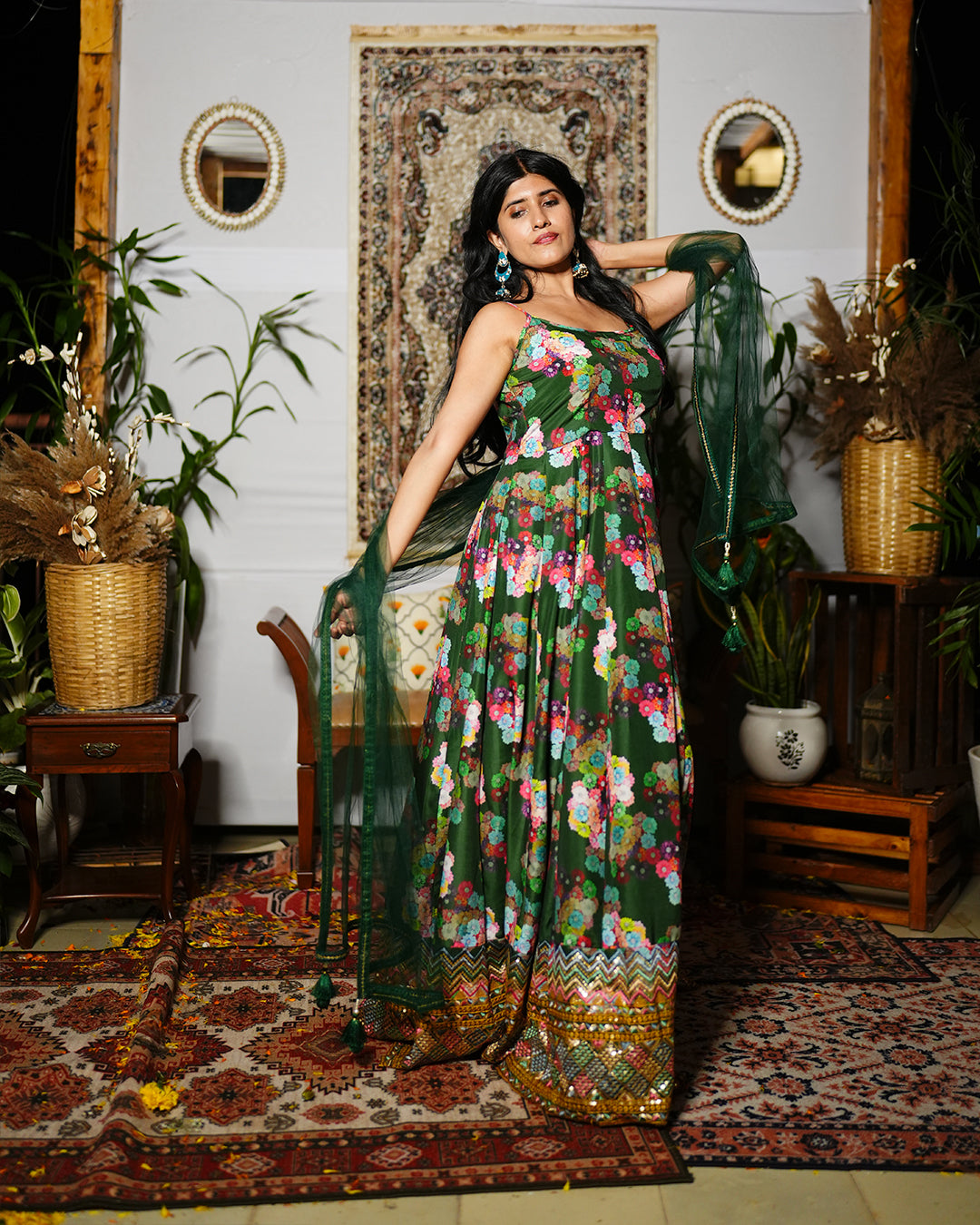 Dark green abstract printed silk woven cotton anarkali set